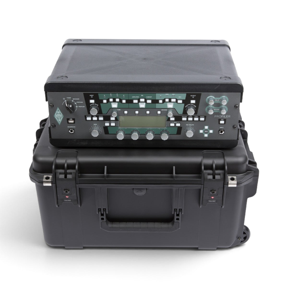 SKB Cases 3U iSeries injection molded waterproof fly rack with a Kemper Profiler amplifier mounted on top