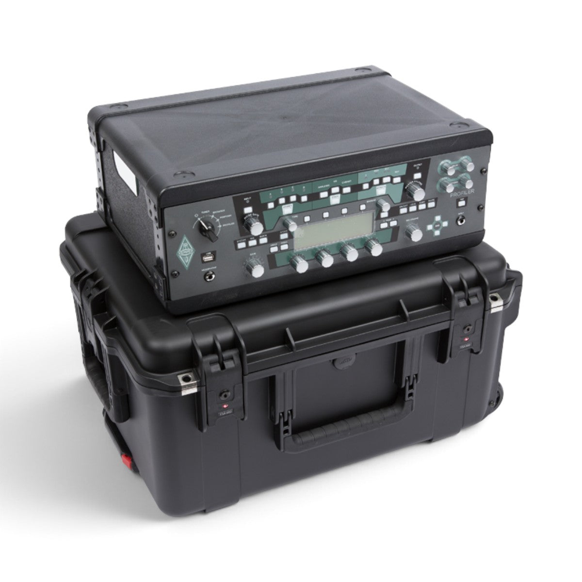 SKB Cases 3U iSeries injection molded fly rack with a black waterproof case and a mounted audio equipment unit.