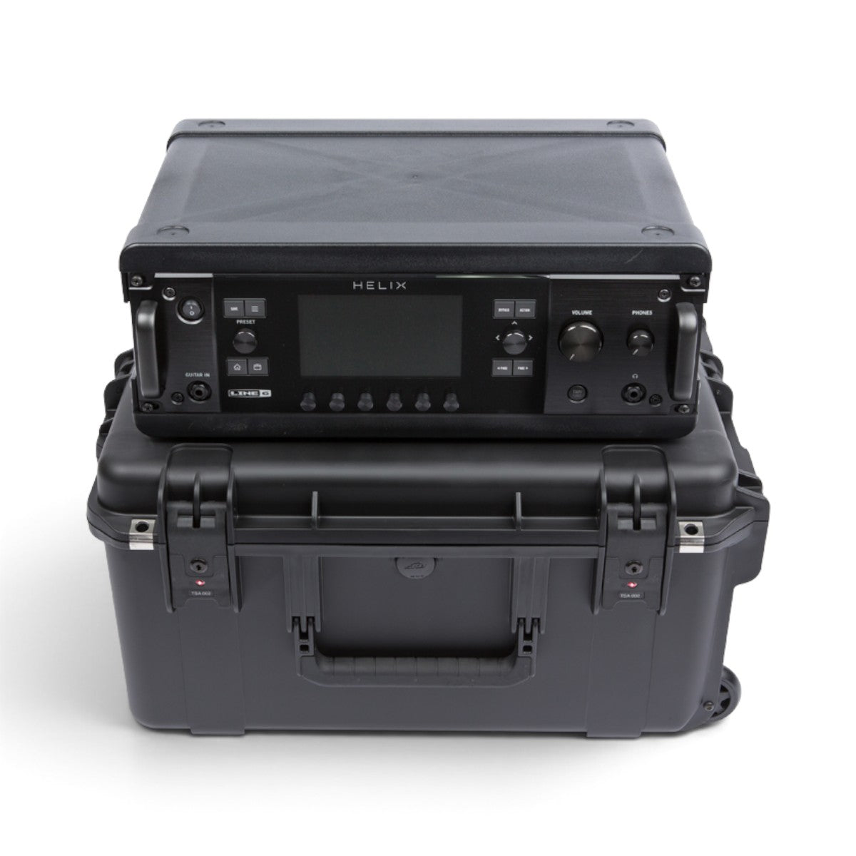 SKB Cases 3U iSeries injection molded fly rack with a Line 6 Helix unit mounted inside the protective black case.