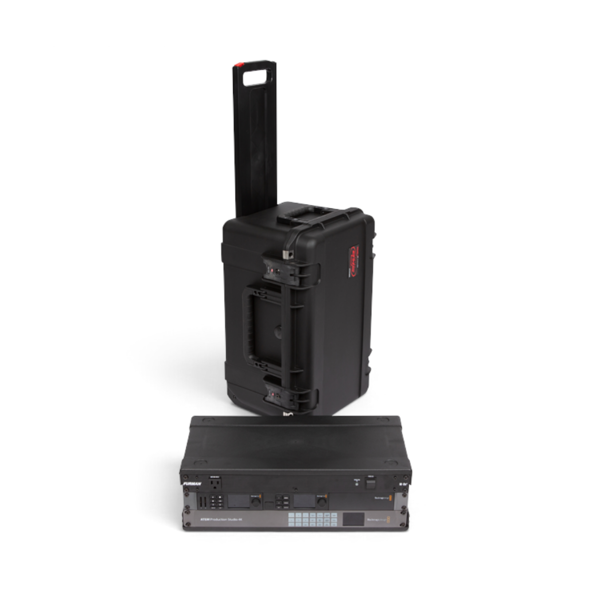SKB Cases 3U iSeries shallow fly rack with removable frame, pull-out handle, and wheels for professional equipment
