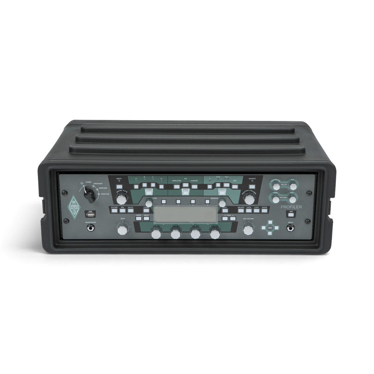 SKB Cases 3U rSeries Shallow Rack housing a Kemper Profiler guitar amplifier with black roto-molded exterior.