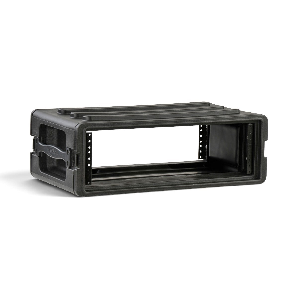 SKB Cases 3U rSeries shallow rack made of durable black polyethylene with front and rear steel threaded rails.