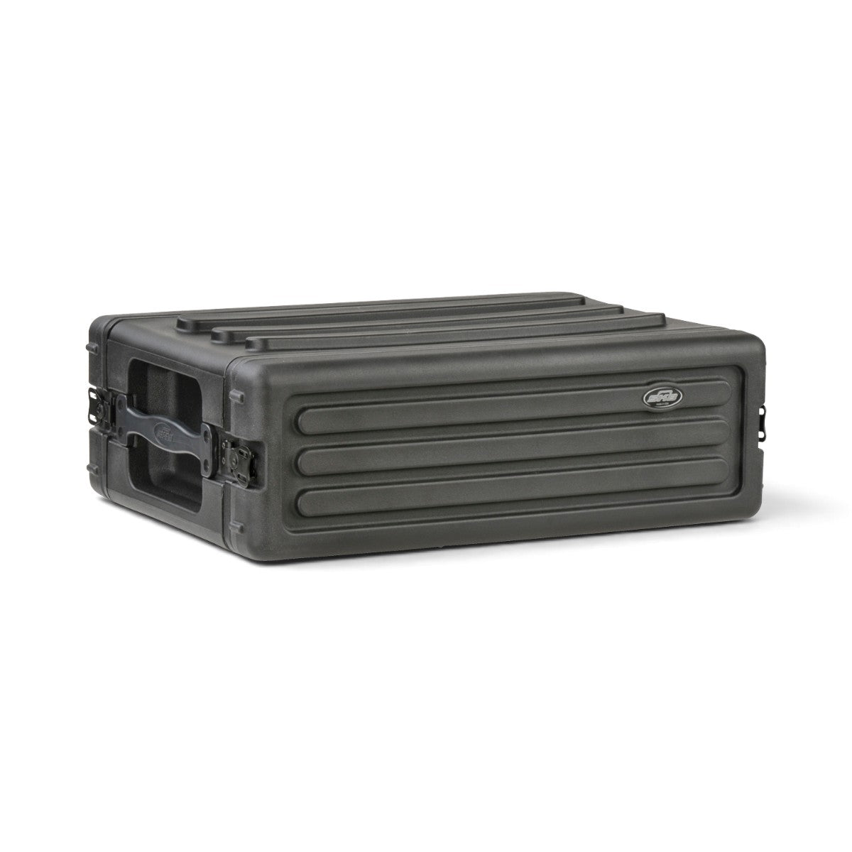 SKB Cases 3U rSeries shallow rack made of durable black polyethylene with recessed latches and stackable design.