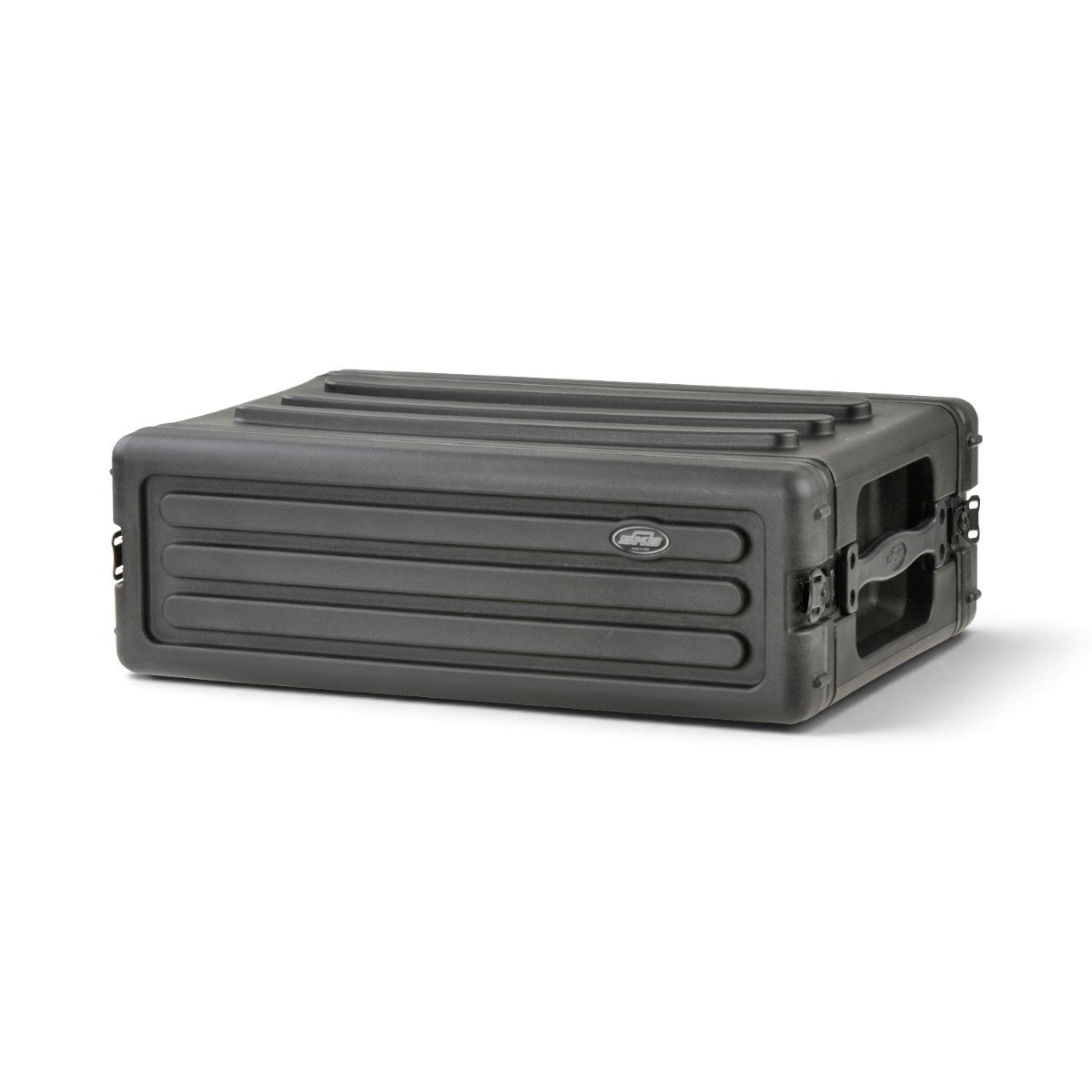 SKB Cases 3U rSeries shallow rack made of durable black polyethylene with recessed latches and stackable design.