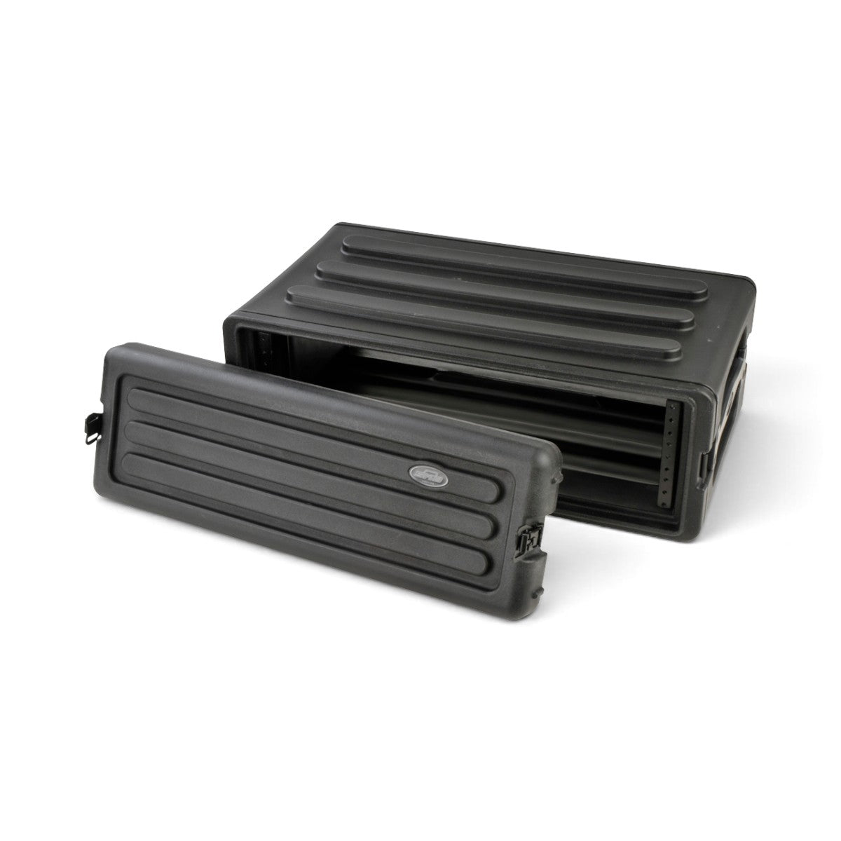 SKB Cases 3U rSeries shallow rack in black polyethylene with a removable front lid and steel threaded rails