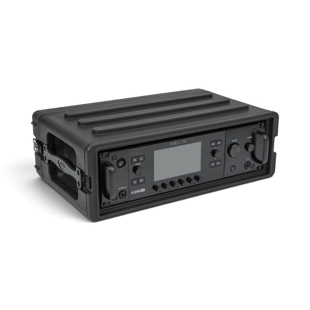 SKB Cases 3U rSeries shallow rack in black polyethylene with a Line 6 Helix guitar processor mounted inside.
