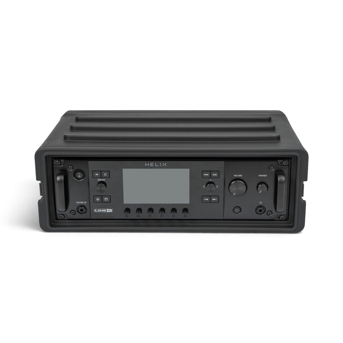SKB Cases 3U rSeries shallow rack in black polyethylene with a mounted Line 6 Helix guitar processor unit