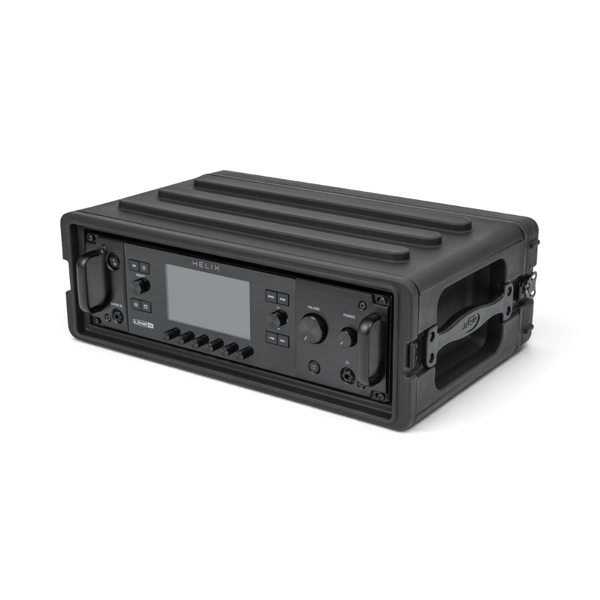 SKB Cases 3U rSeries shallow rack in black, housing a Line 6 Helix guitar processor with recessed steel latches.