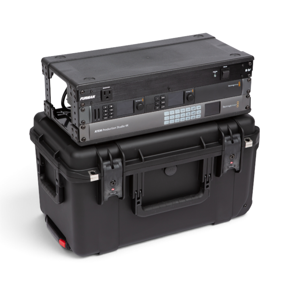 SKB Cases 3U iSeries injection molded shallow fly rack with black equipment frame and waterproof transport case