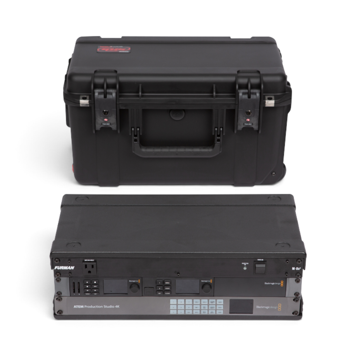 SKB Cases 3U iSeries shallow fly rack case with removable rack frame and installed electronic equipment