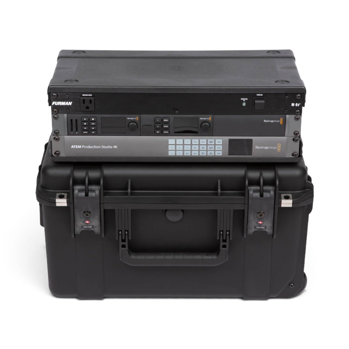 SKB Cases 3U iSeries shallow fly rack with mounted video switcher and power conditioner in a black waterproof case.
