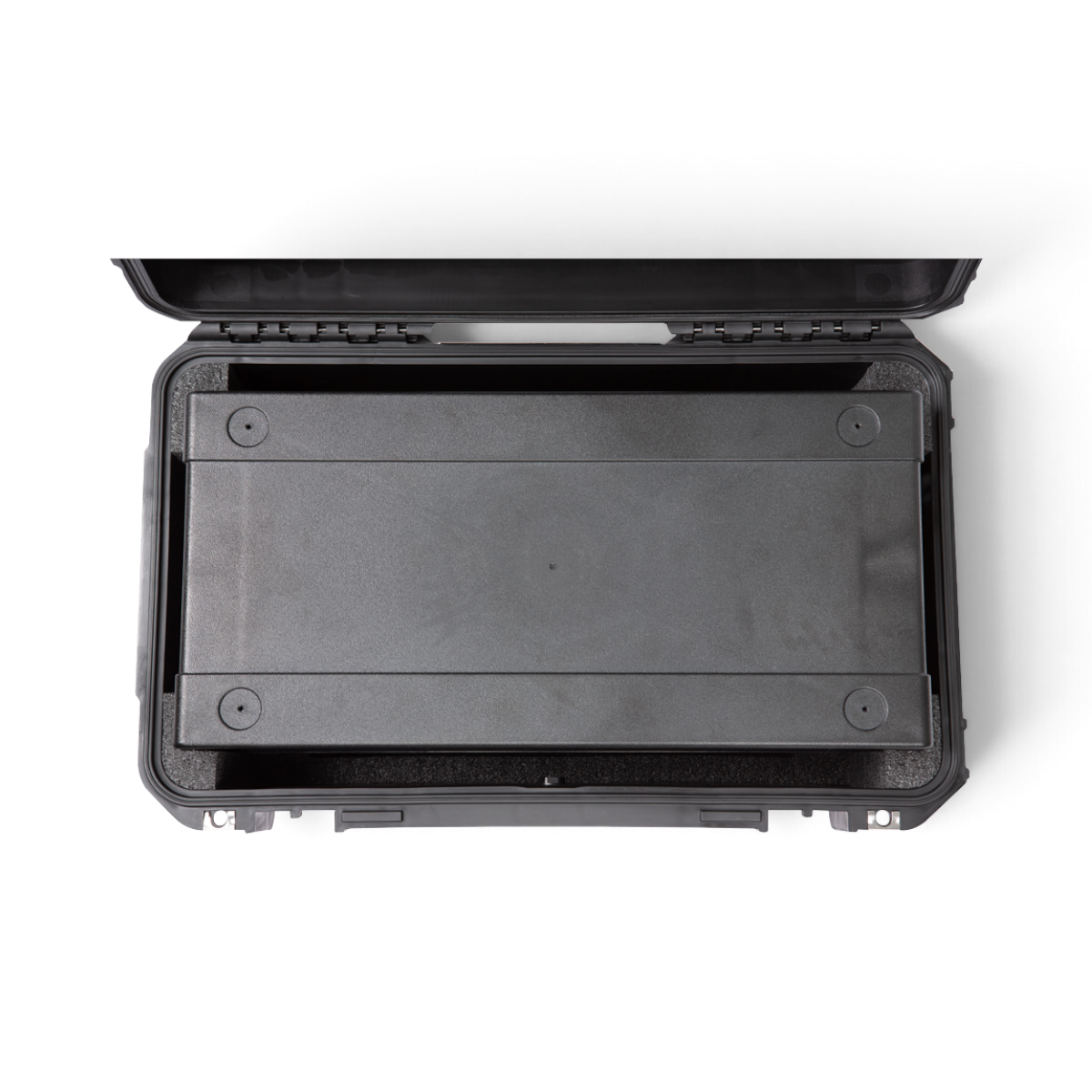 SKB Cases 3U iSeries injection molded shallow fly rack with black protective foam interior for delicate equipment.