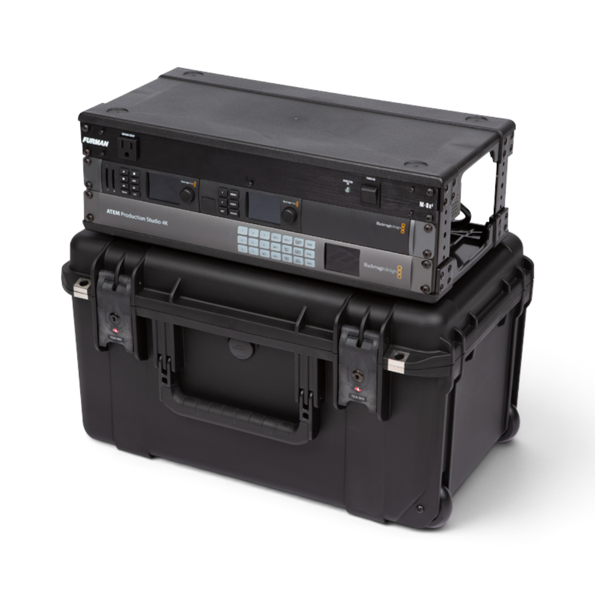 SKB Cases 3U iSeries shallow fly rack with mounted production equipment sitting on a black waterproof transport case