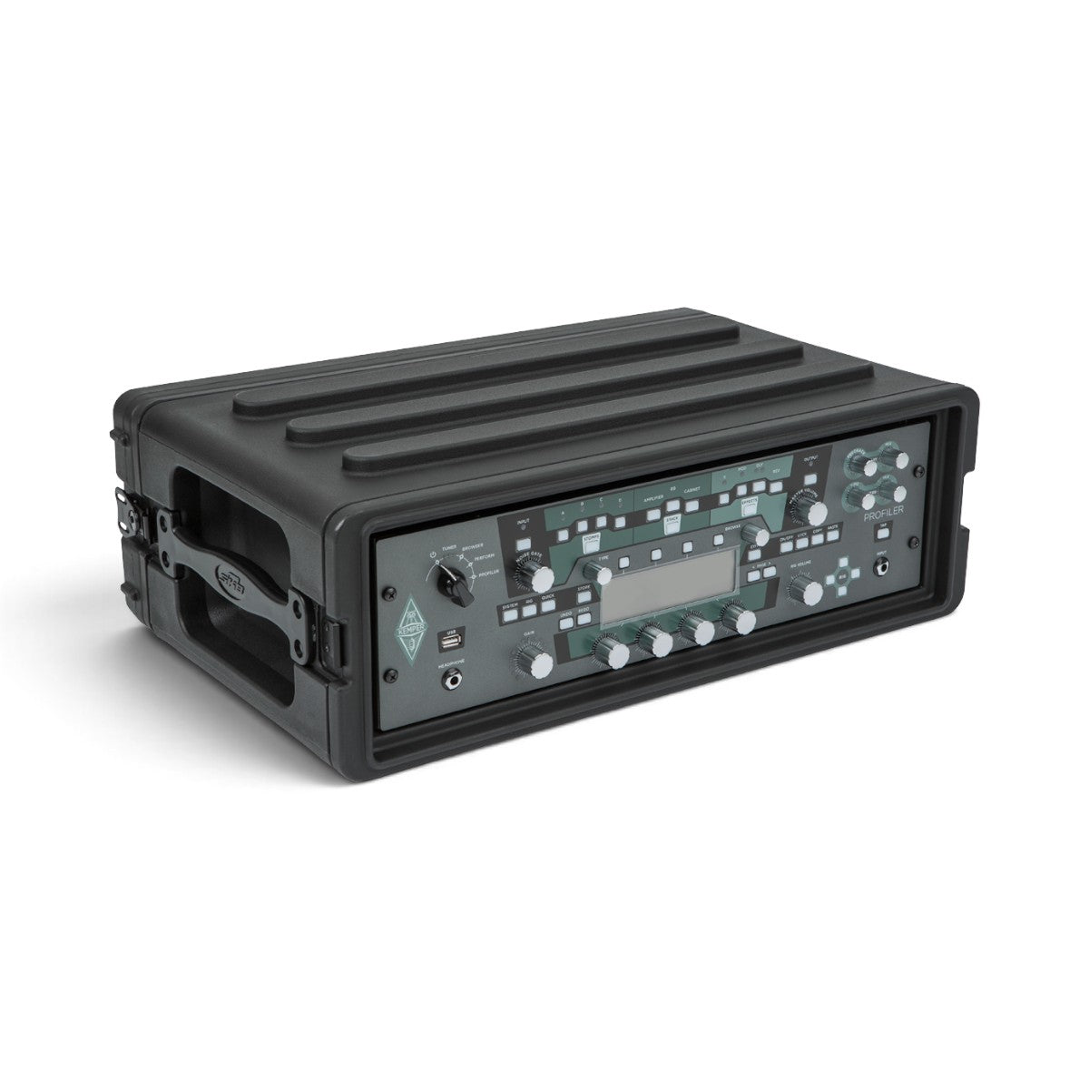 SKB Cases 3U rSeries shallow rack in black polyethylene housing a Kemper Profiler guitar amplifier unit