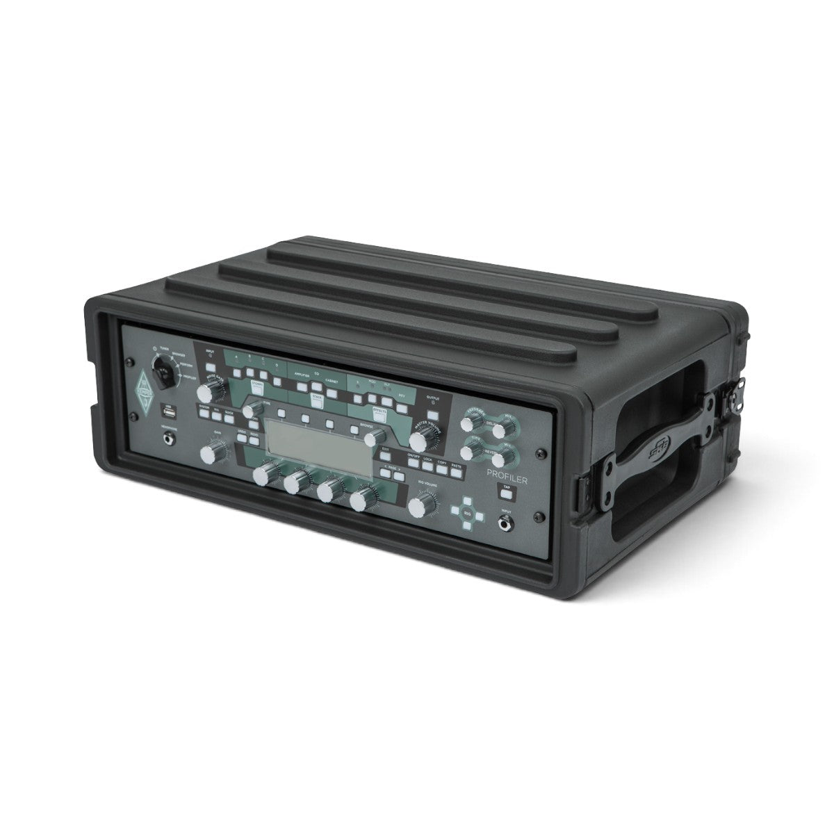 SKB Cases 3U rSeries shallow rack containing a Kemper Profiler amplifier head in a black roto-molded case