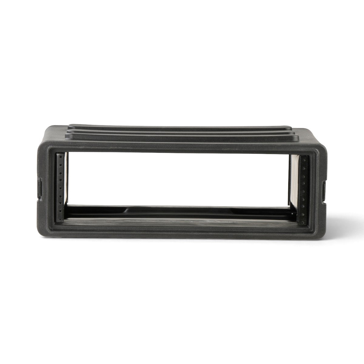 SKB Cases 3U rSeries shallow rack made of durable black polyethylene with front and rear steel threaded rails.