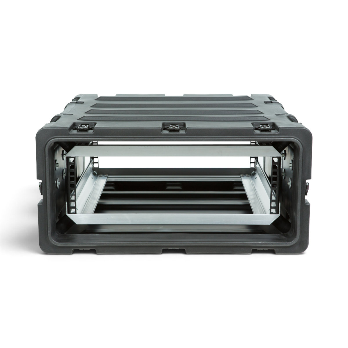 SKB Cases 3U 20-inch deep shock rack with a rugged black roto-molded shell and internal aluminum equipment chassis.
