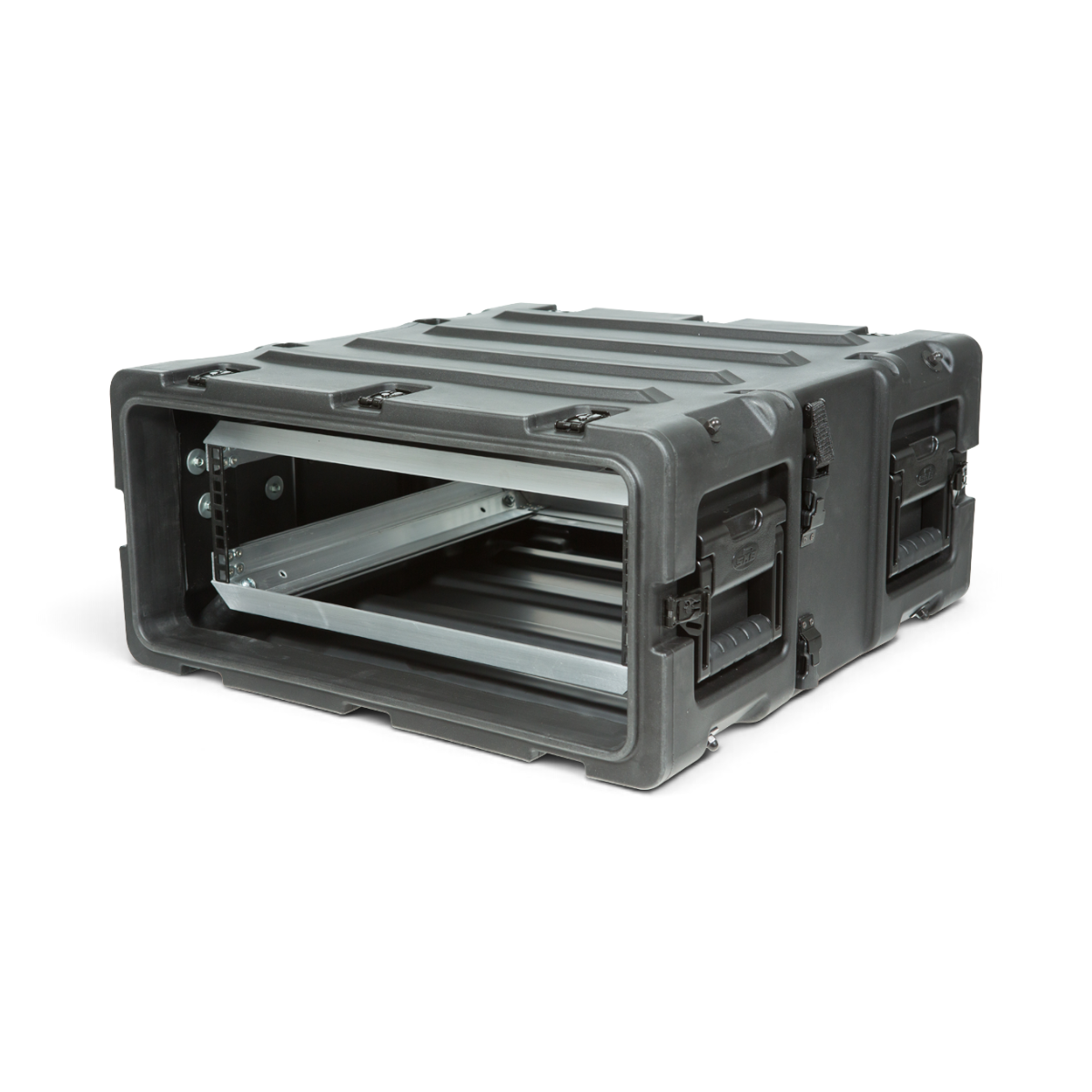 SKB Cases 3U 20-inch deep black shock rack with internal aluminum frame and recessed hardware for equipment transport