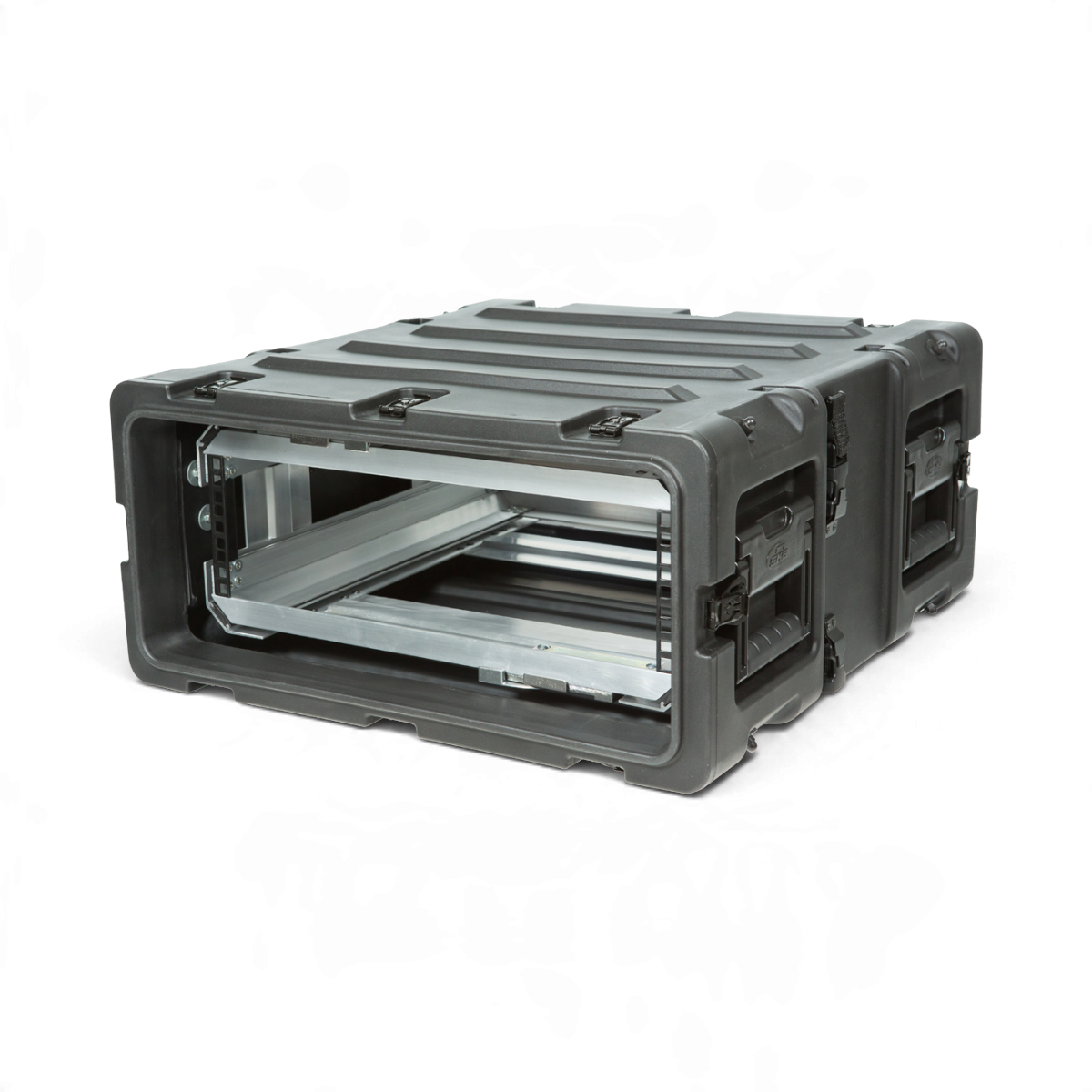 SKB Cases 3U 20-inch deep shock rack in black with a removable interior frame and rugged roto-molded shell.