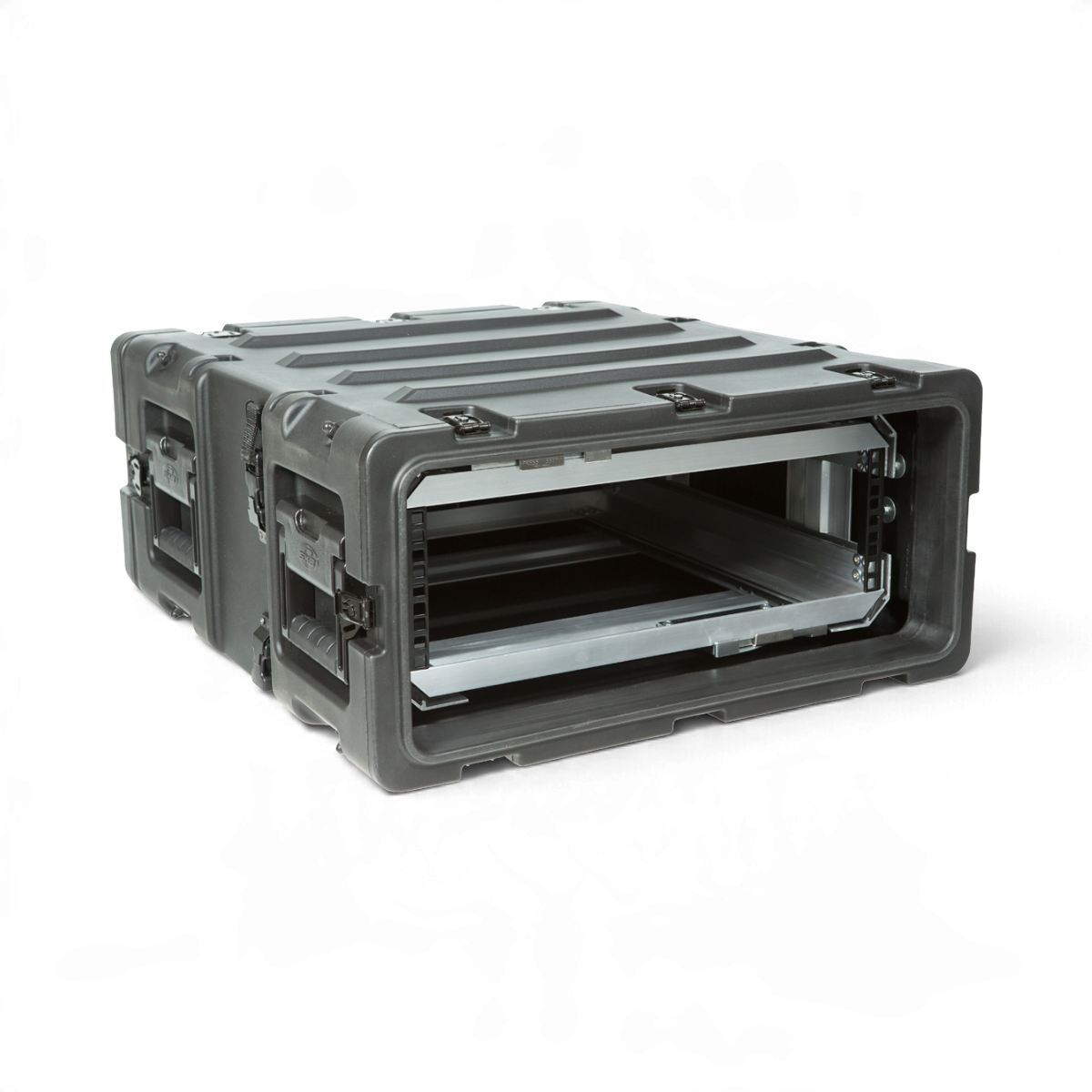 SKB Cases 3U 20-inch deep shock rack in black with a removable interior frame and rugged roto-molded shell.