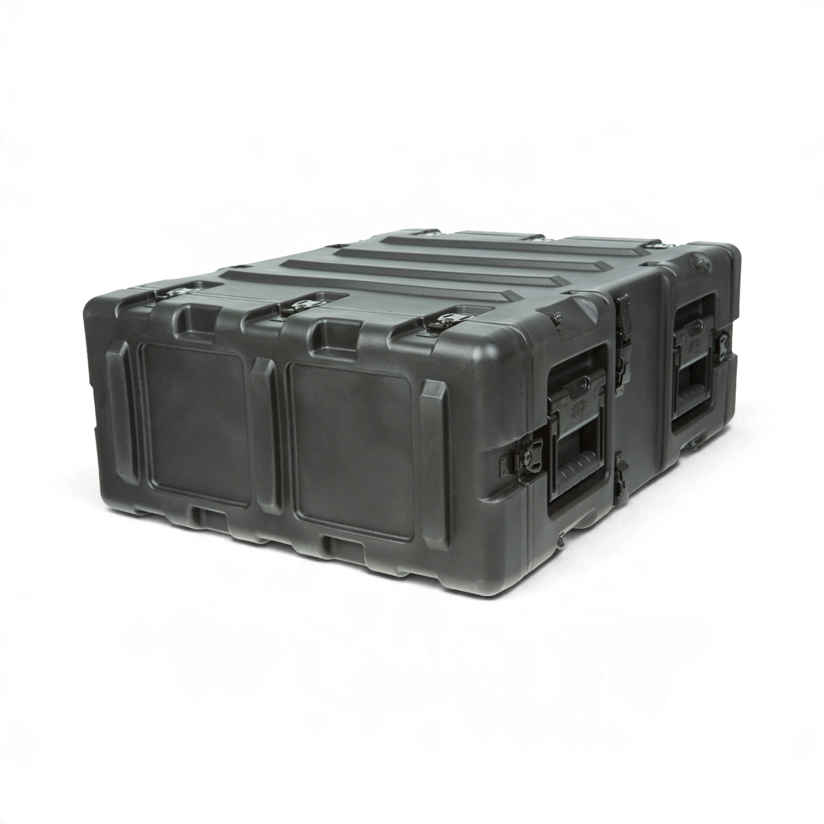 SKB Cases 3U 20-inch deep black shock rack transport case with rugged roto-molded shell and recessed hardware.