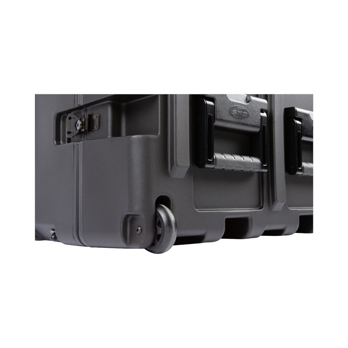 SKB Cases 3U 24-inch deep shock rack in black featuring recessed handles and integrated transport casters