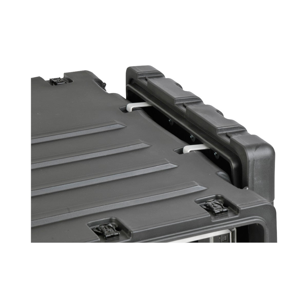 SKB Cases 3U 30-inch deep shock rack showing the rugged black roto-molded shell and recessed hardware details.