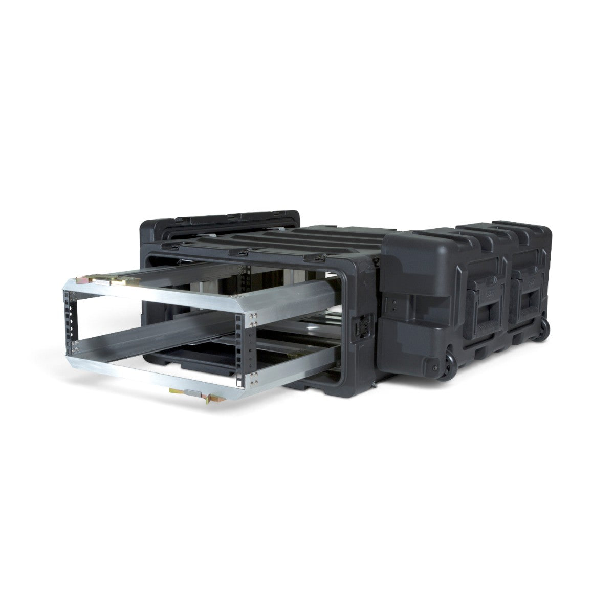 SKB Cases 3U 24-inch deep shock rack with a black roto-molded shell and a removable internal equipment frame.