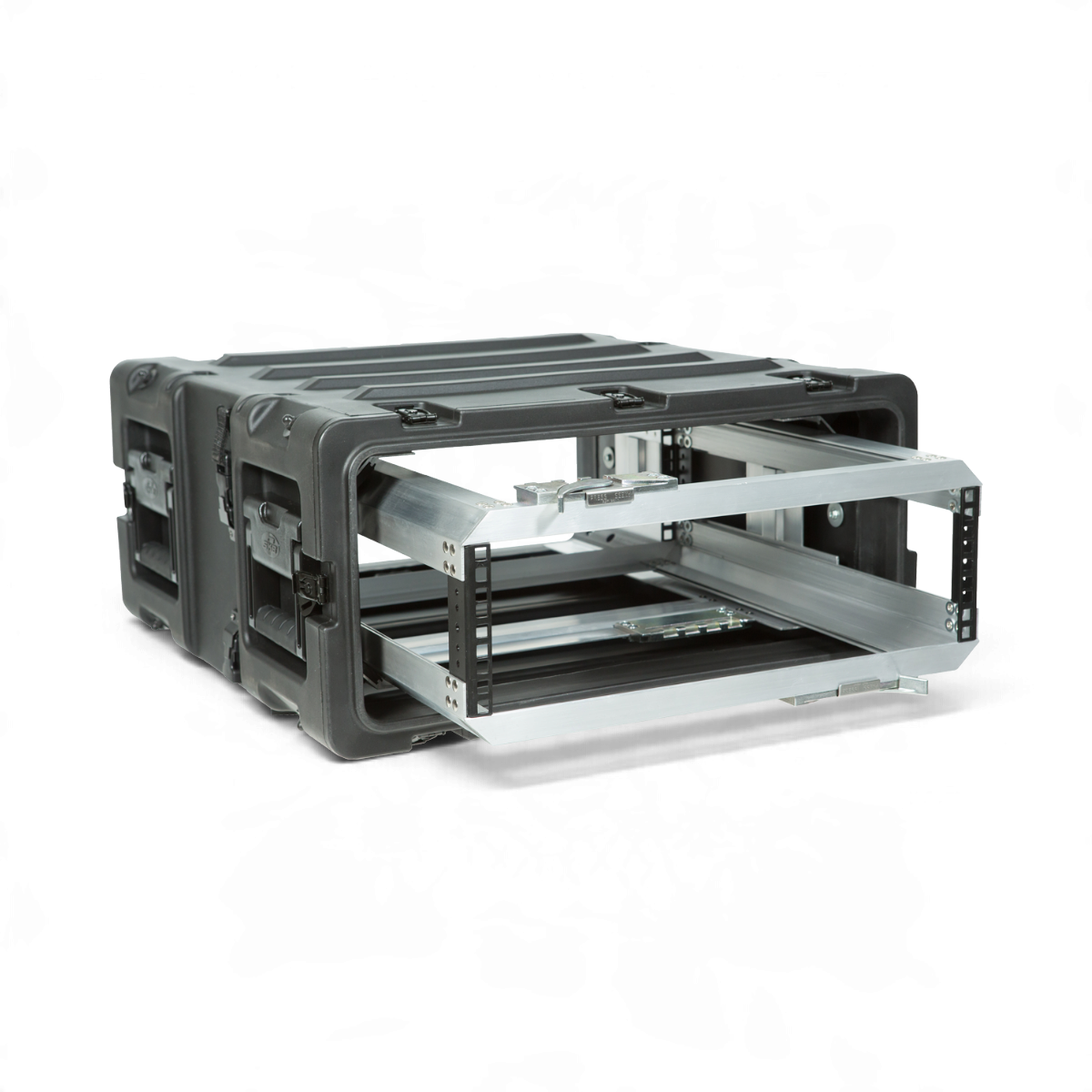 SKB Cases 3U 20-inch deep shock rack with a removable interior frame and black roto-molded protective shell.
