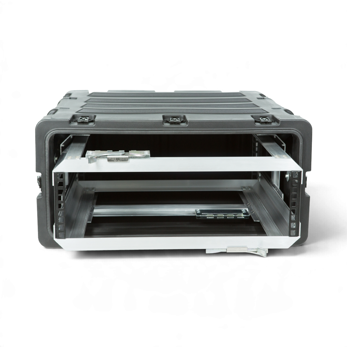 SKB Cases 3U 20-inch deep shock rack with a black roto-molded shell and a removable internal equipment frame.
