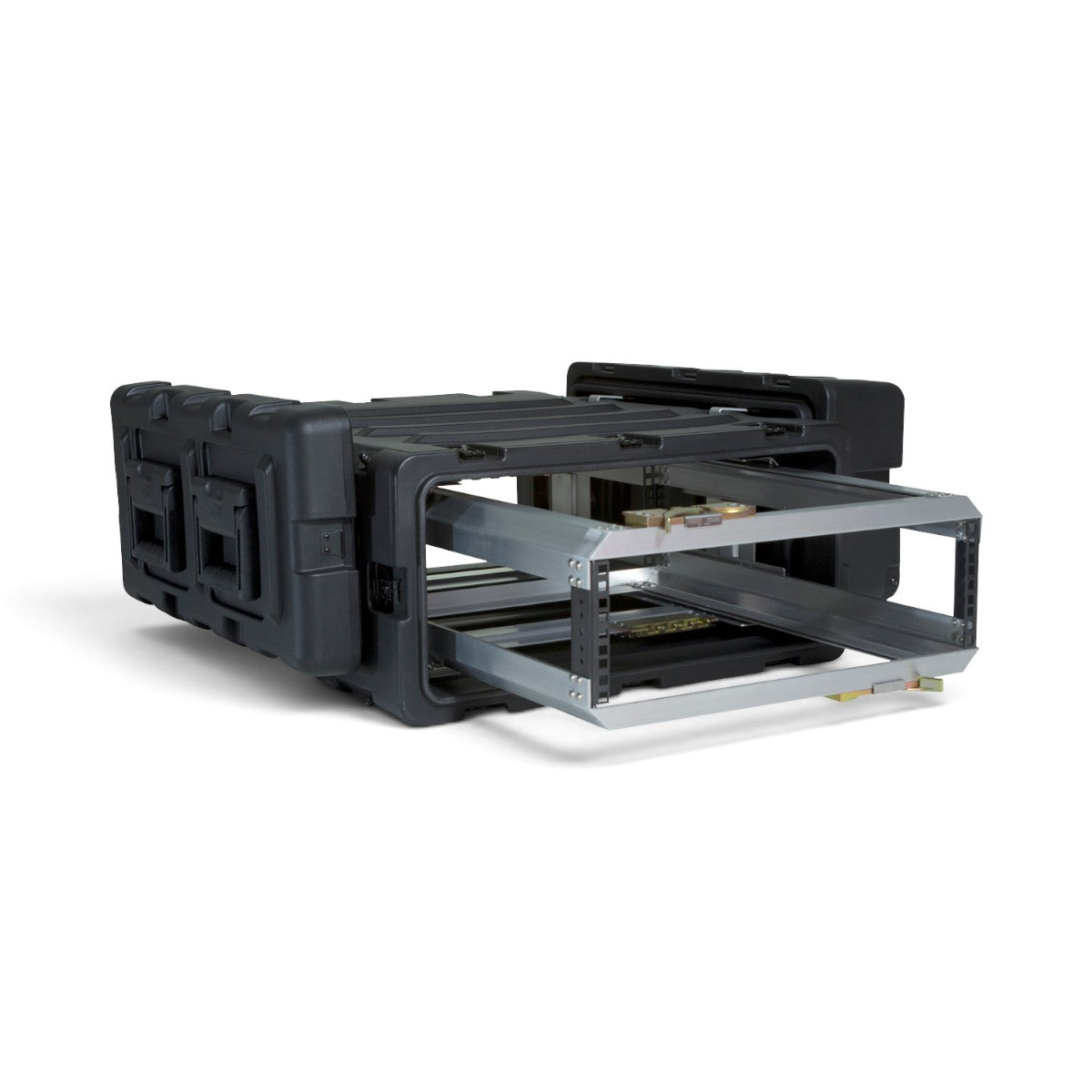 SKB Cases 3U 24-inch deep shock rack with a black roto-molded shell and a removable internal equipment frame.