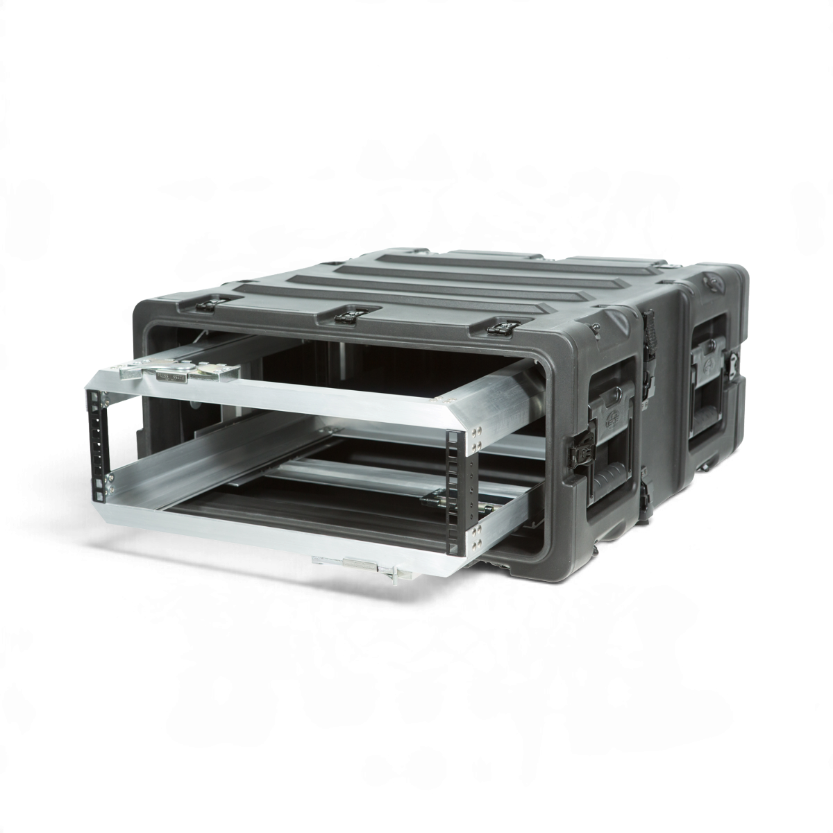 SKB Cases 3U 20-inch deep shock rack with a removable metal frame and black roto-molded protective shell.