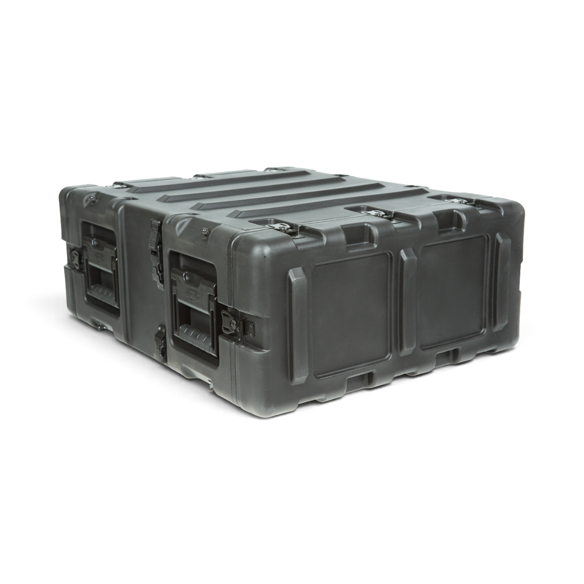 SKB Cases 3U 20-inch deep black shock rack transport case with rugged roto-molded shell and recessed hardware.