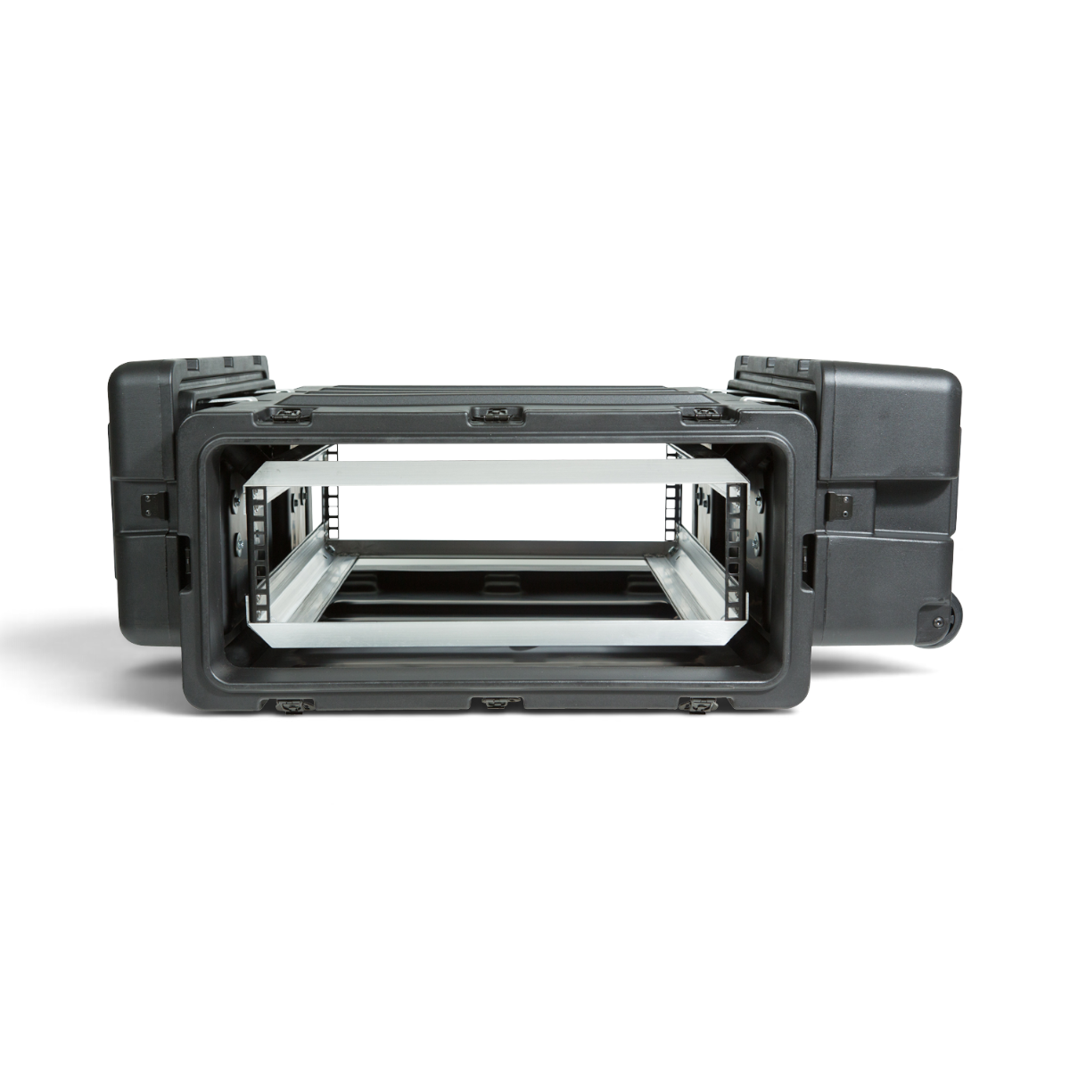 SKB Cases 3U 24-inch deep static shock rack transport case with internal metal rails and rugged black exterior.