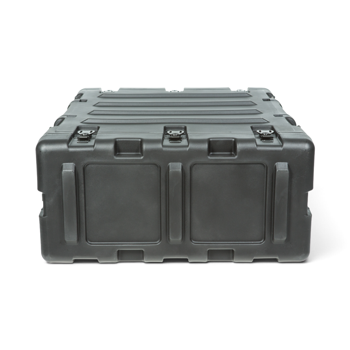 SKB Cases 3U 20-inch deep black shock rack transport case with rugged roto-molded shell and recessed hardware.