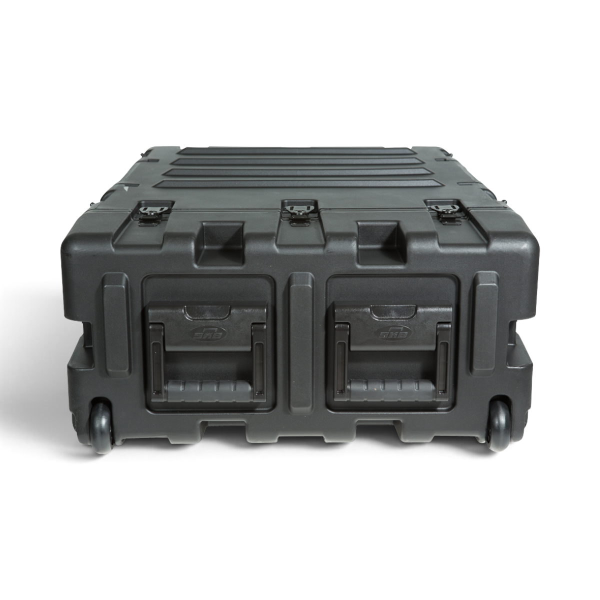 SKB Cases 3U 24-inch deep shock rack transport case in black with heavy-duty handles and integrated transport wheels.