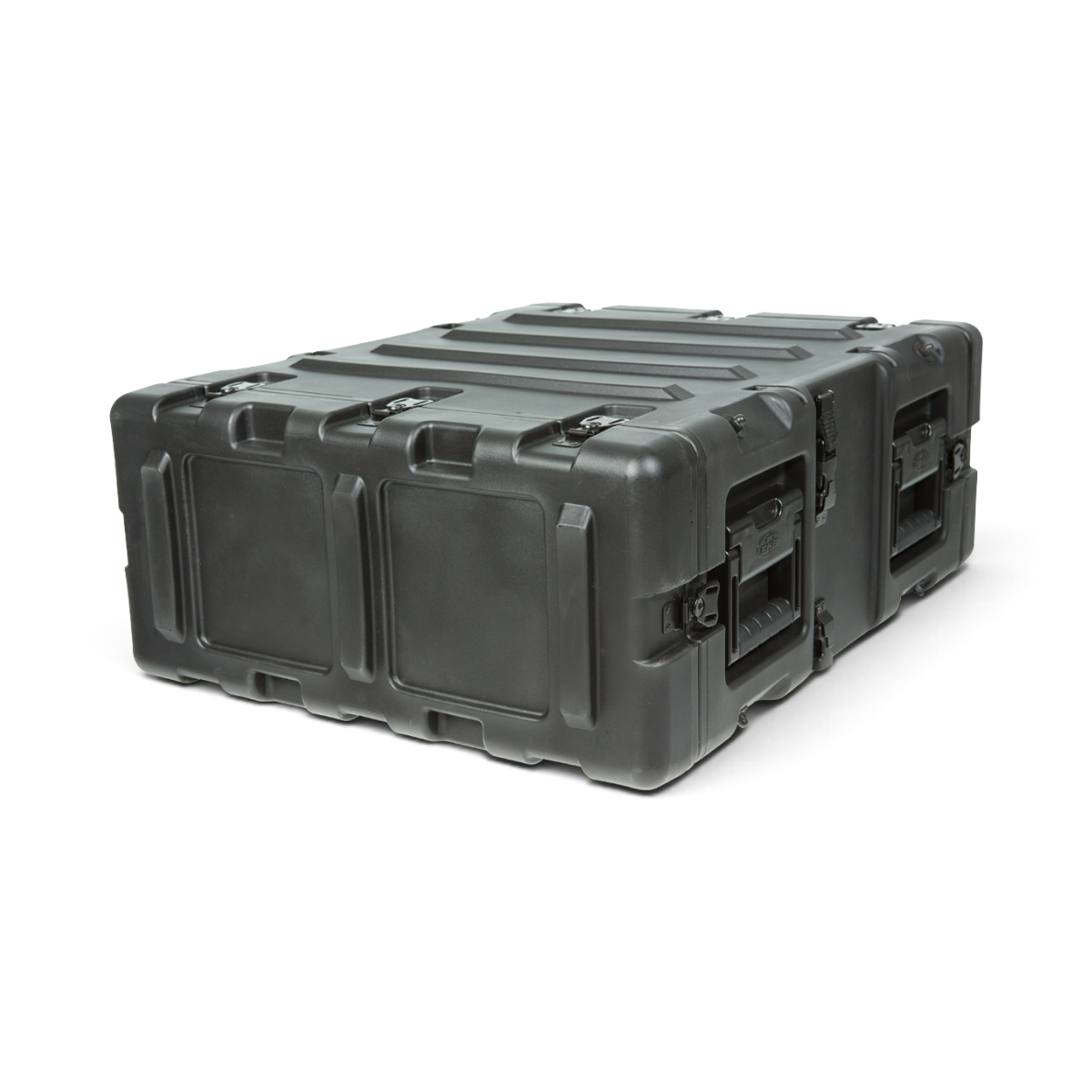 SKB Cases 3U 20-inch deep black shock rack transport case with rugged roto-molded shell and recessed side handles.