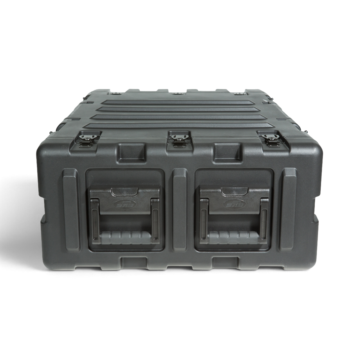 SKB Cases 3U 24-inch deep shock rack transport case in black roto-molded polyethylene with heavy-duty recessed handles.