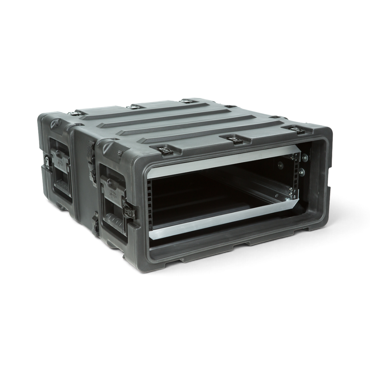 SKB Cases 3U 20-inch deep black shock rack transport case with aluminum alloy inner chassis and rugged molded shell.