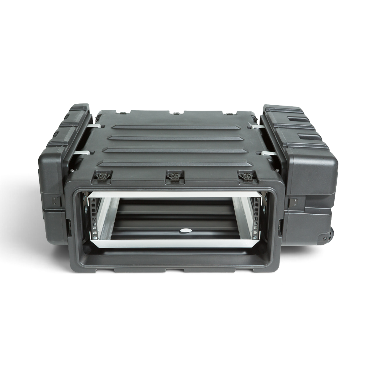 SKB Cases 3U 24-inch deep shock rack transport case in black with rugged roto-molded shell and internal metal rails.