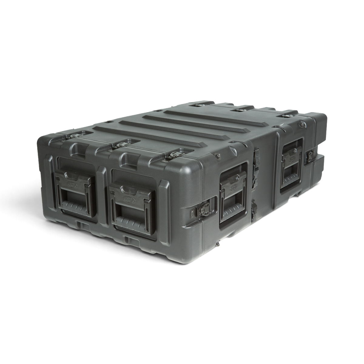 SKB Cases 3U 24-inch deep static shock rack transport case in black with recessed handles and rugged molded shell