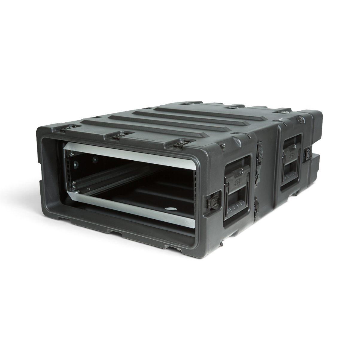 SKB Cases 3U 24-inch deep static shock rack transport case in black with recessed handles and metal rack rails.