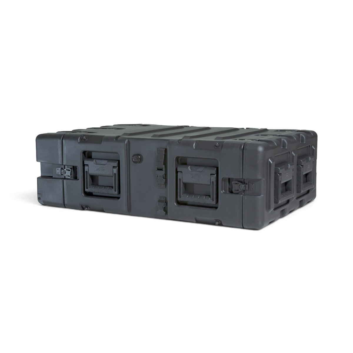 SKB Cases 3U 24-inch deep black shock rack transport case with recessed handles and rugged roto-molded shell.