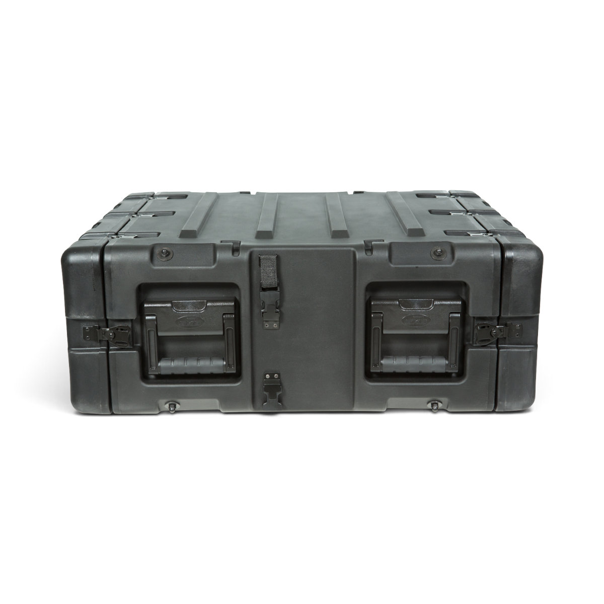 SKB Cases 3U 20-inch deep black shock rack transport case with rugged roto-molded shell and recessed hardware.
