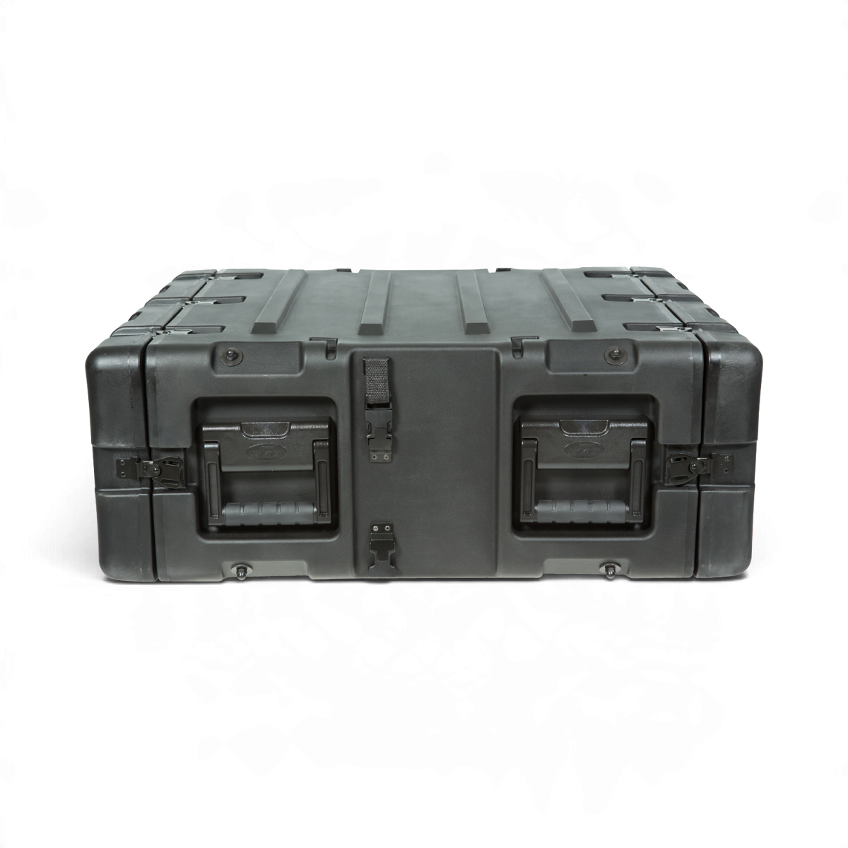 SKB Cases 3U 20-inch deep black shock rack transport case with rugged roto-molded shell and recessed handles.