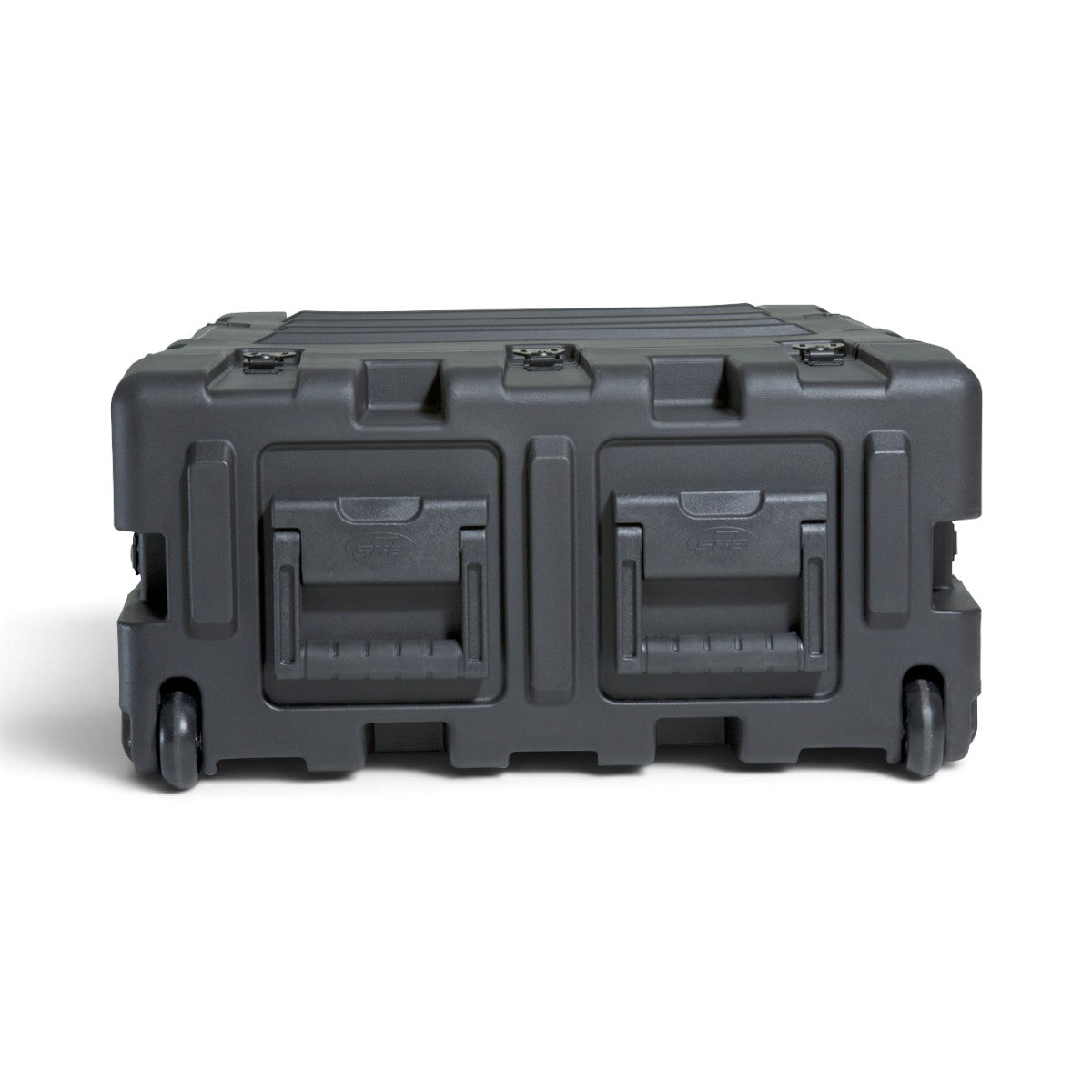 SKB Cases 3U 24-inch deep black shock rack transport case with rugged roto-molded shell and integrated transport wheels