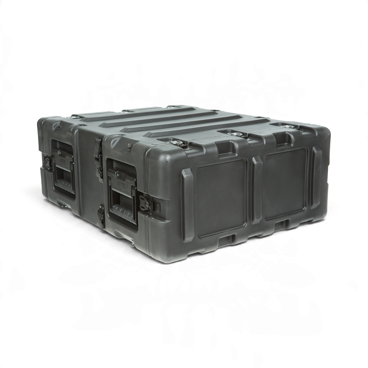 SKB Cases 3U 20-inch deep black shock rack transport case with rugged roto-molded shell and recessed hardware.