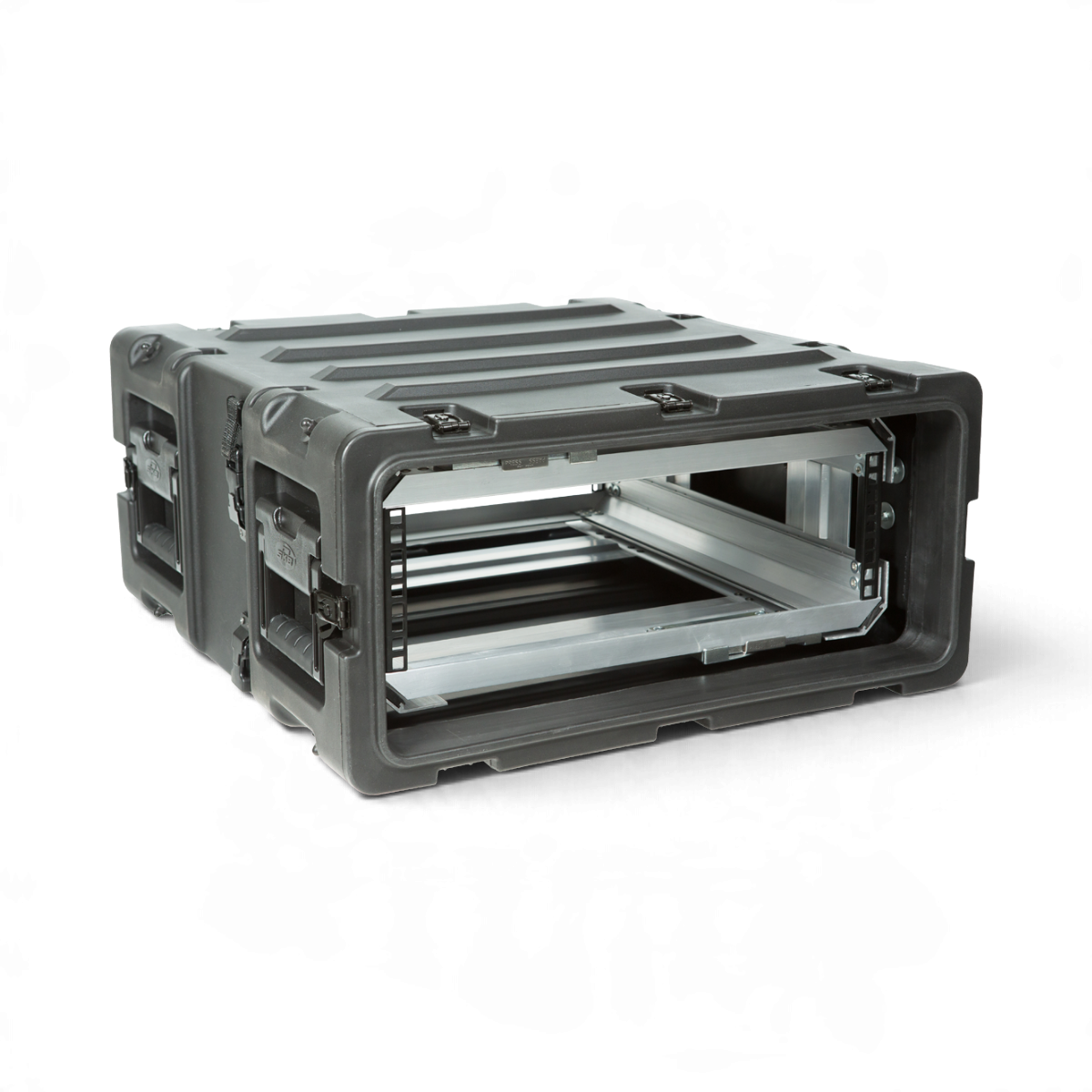 SKB Cases 3U 20-inch deep shock rack with a black roto-molded shell and removable internal metal equipment frame.