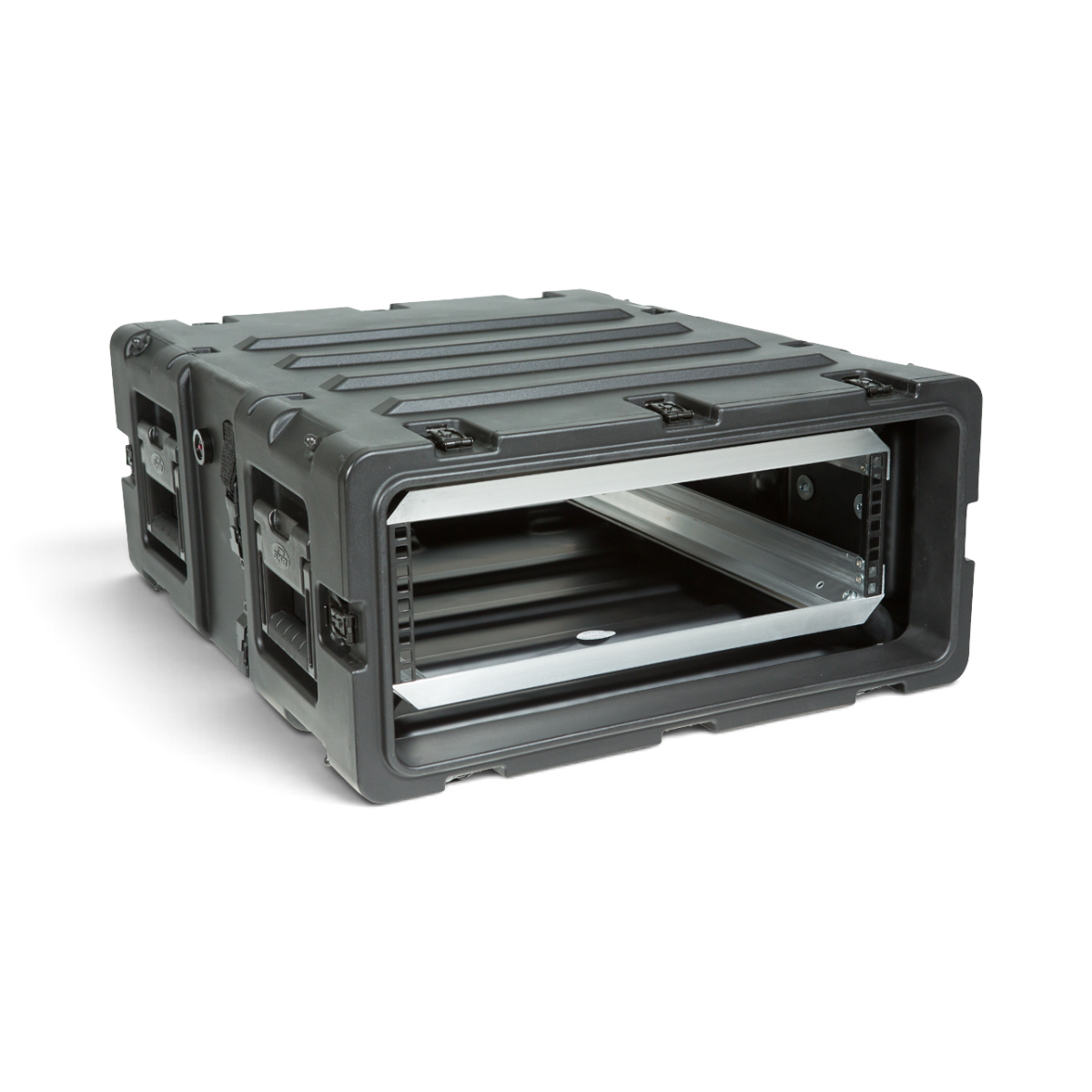 SKB Cases 3U 24-inch deep shock rack transport case with rugged black roto-molded shell and metal rack rails.