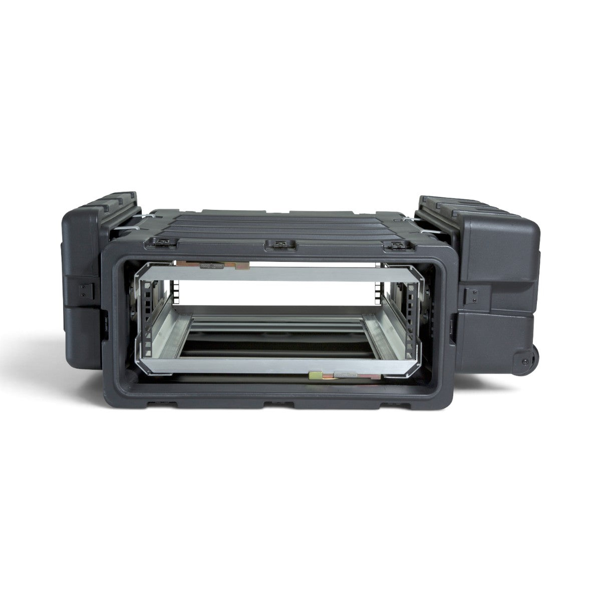 SKB Cases 3U 24-inch deep shock rack with a removable interior frame and rugged black roto-molded shell.